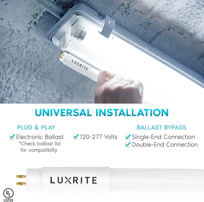 LUXRITE 30-Pack 4FT T5 LED Tube Lights, Type A+B, 24W=54W, 5000K Bright White, 45.78", Ballast and Ballast Bypass Compatible, Single or Double End Powered, F54T5 Fluorescent Replacement, Damp Rated