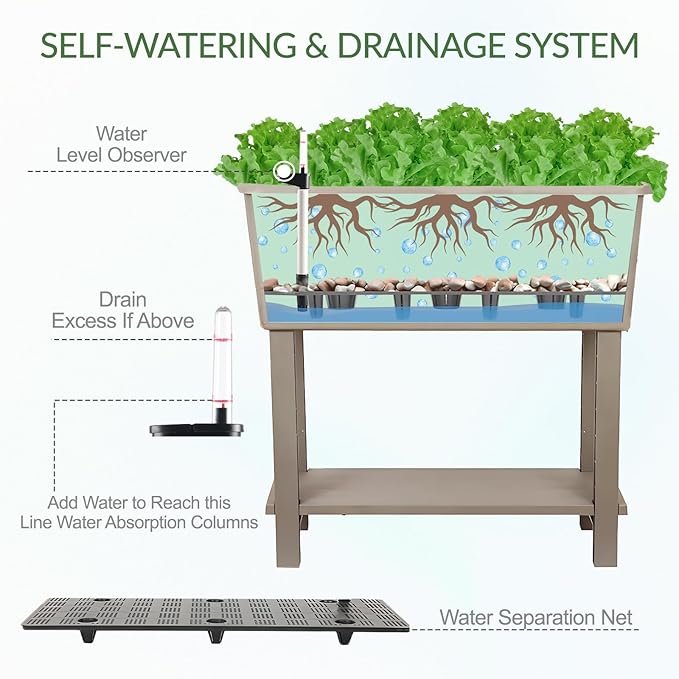 Aoodor 30" x 14" x 29" Raised Planter Box with Legs, Storage Shelf, Drainage Plug, and Water Level Indicator, for Vegetables, Flowers, Herbs, Outdoor Use, Set of 3, Khaki
