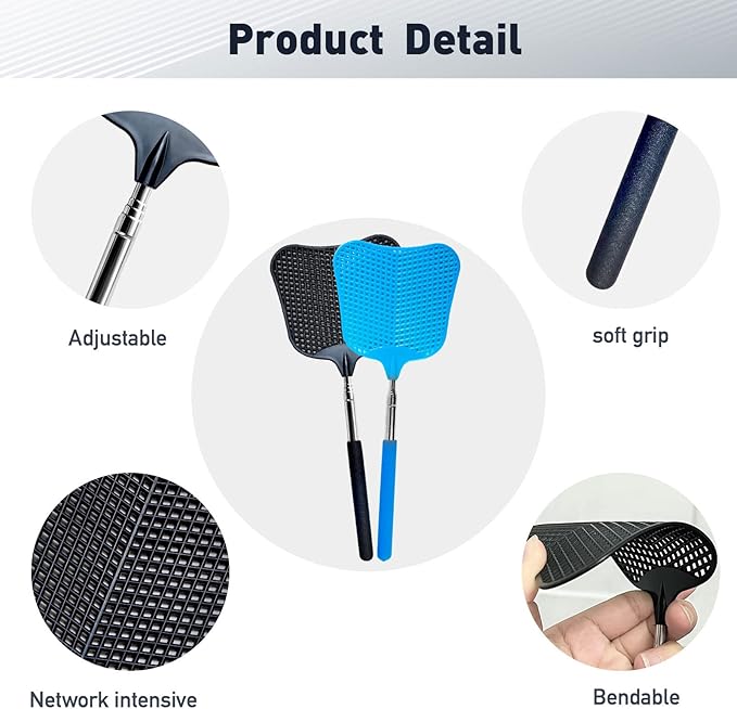 Fly Swatter, Flexible and Durable Telescopic Stainless Steel Retractable Handle ,Manual Fly swatters for Home,Garden,Classroom and Office (2Pcs Black& Blue)
