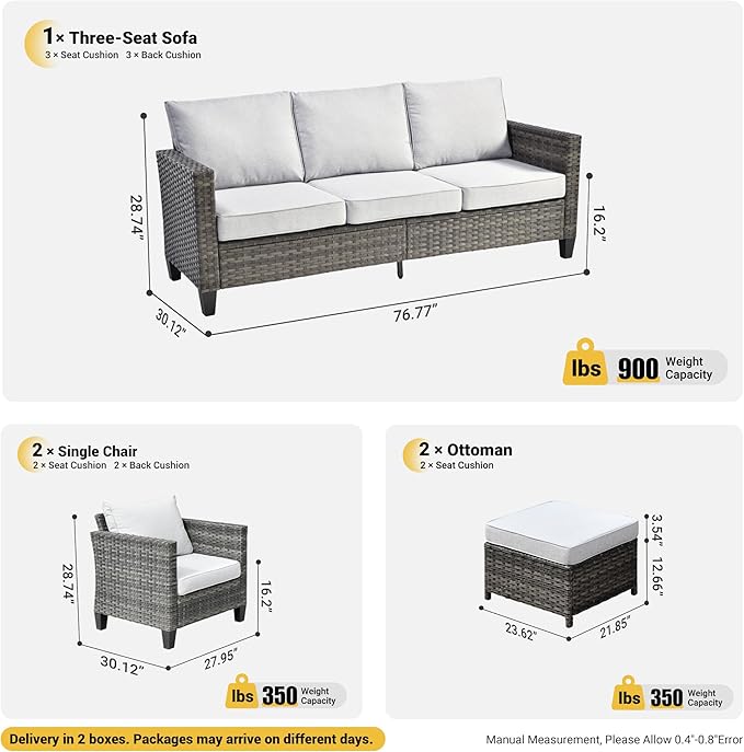 ovios Patio Furniture Set, 5 Pieces Outdoor Wicker Sofa Couch with Chairs, Ottomans and Comfy Cushions, All Weather High Back Rattan Conversation Set, Grey