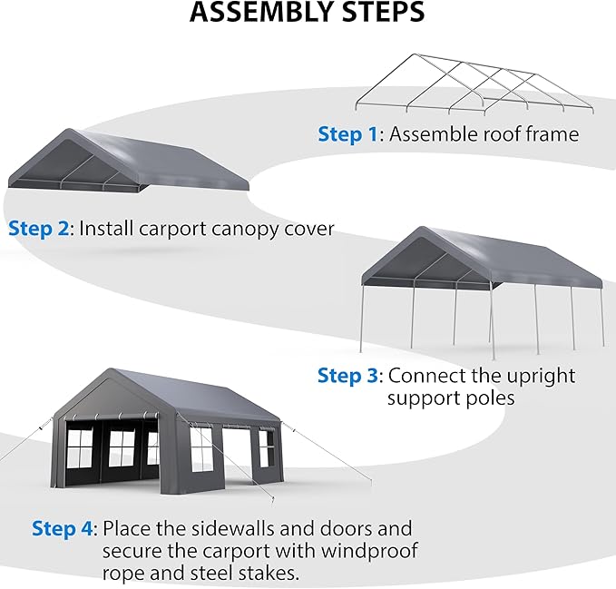 GAOMON 13x20 ft Heavy Duty Carport, Portable Garage with 3 Doors & 5 Ventilated Windows, Waterproof Car Canopy Outdoor Shed with Removable Sidewalls for Pickup Truck Boat, Grey