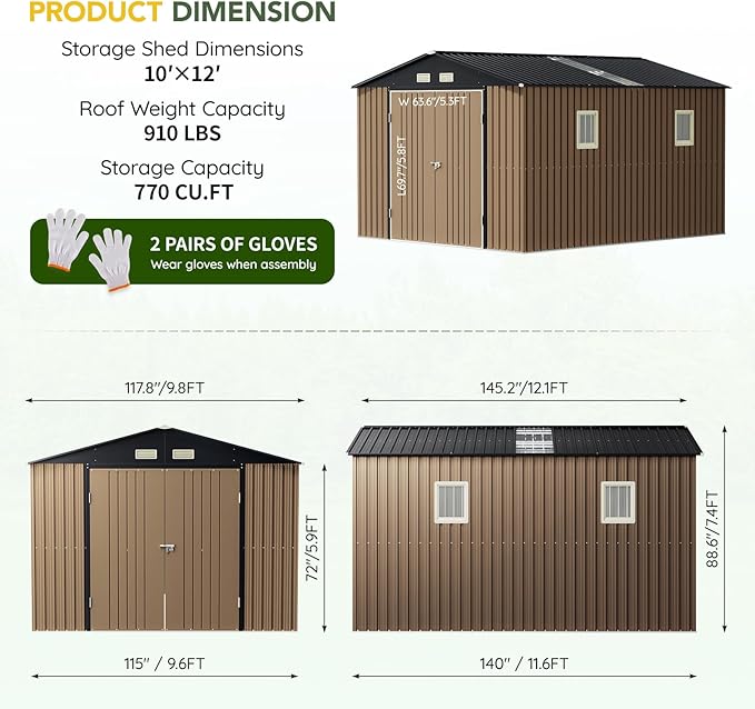 Breezz Outdoor Storage Shed 10 x 12ft. Utility Tool Shed Metal Storage Garden Shed with Lockable Doors, Windows & Metal Frame Floor for Patio Storage,Brown