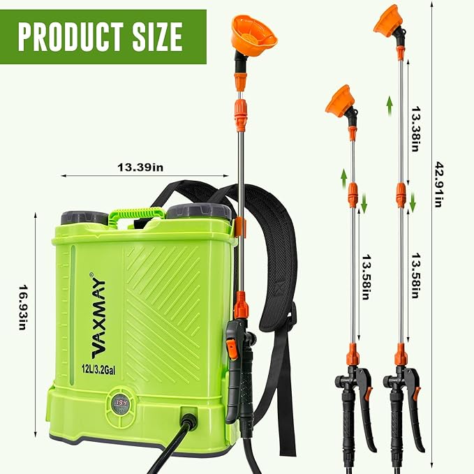 Battery Powered Backpack Sprayer 3.2 Gallon, VAXMAY 80 PSI Electric Graden Sprayer Works with Makita 18V Battery, Weed Lawn Sprayer with Telescopic Wand, 5 Nozzles, 2.0 Ah Battery & Charger Included