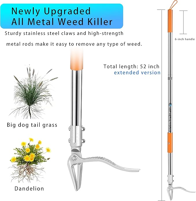 YYMIYU 52" Stand Up Weed Puller Tool β 4-Claw Stainless Steel Weeder with Grass-Pushing & Weed-Ejection Design β Heavy-Duty 0.8mm Steel Handle for Effortless Root Removal
