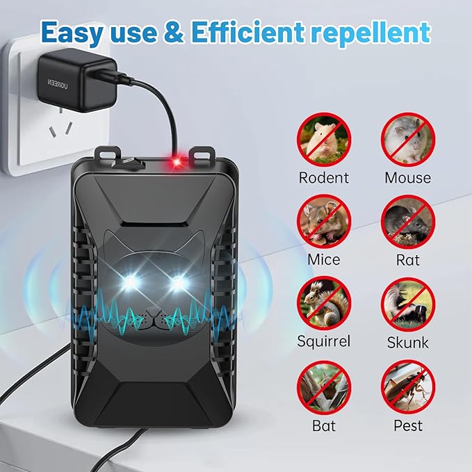Ultrasonic Rodent Repellent, 2 Pack Plug-in Mouse Rat Pest Bat Squirrels Skunks Repellent for Car with Battery Powered Under Hood, Keep Mice Out of Cars Engines, Indoor, Outdoor, Garage, Hoom