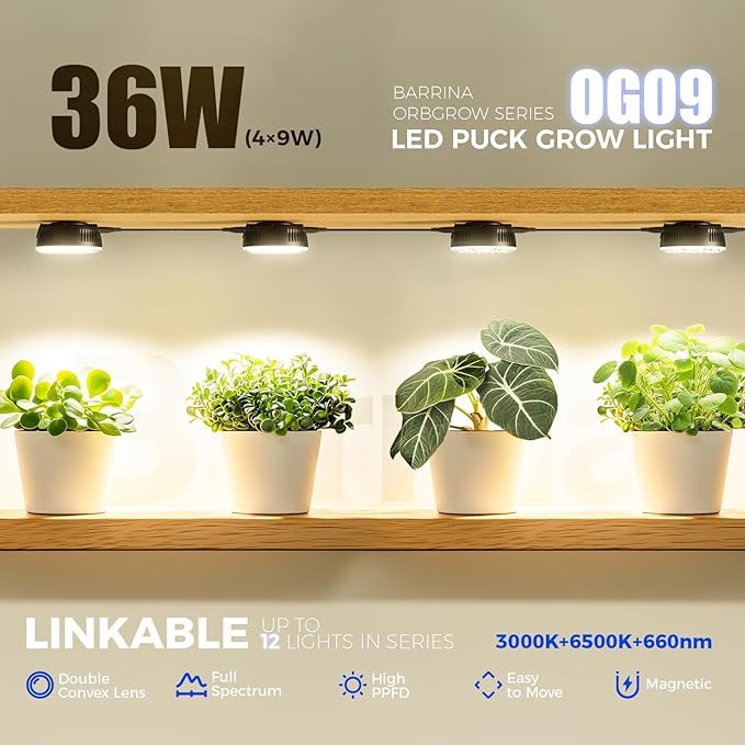 Barrina Orbgrow OG09 Puck LED Grow Light with 660nm Red LEDs, 36W(4 x 9W, 540 Watt Equiv), Plant Lights for Indoor Plants Full Spectrum, Magnetic & Linkable, Small Grow lamp, Seeding, 4 Packs, Black