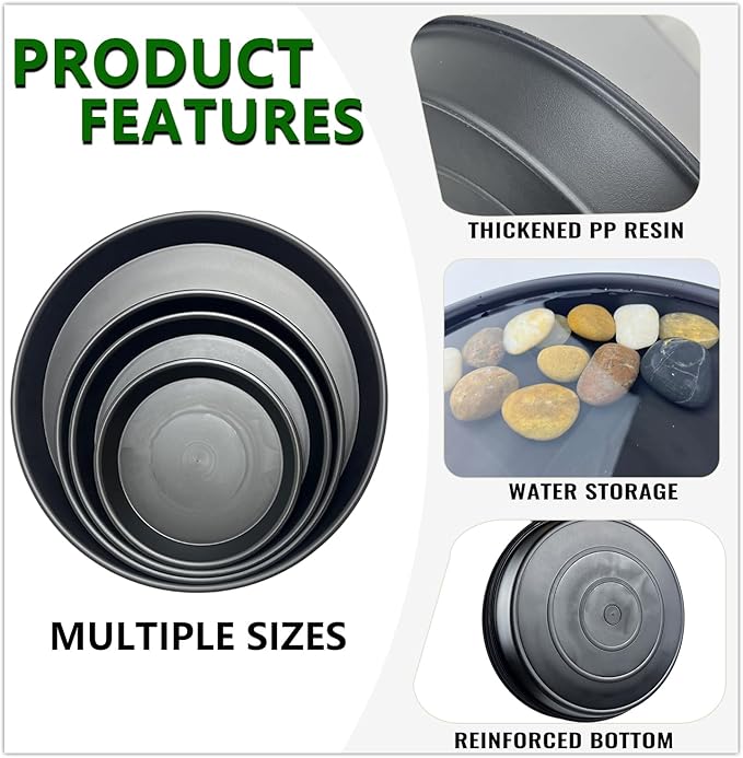 6 Pack 8 Inch Black Plant Saucers, Heavy Duty PP Plastic Plant Trays for Pots, Durable Flower Pot & Planter Saucers, Water Catcher Drip Trays Indoor Outdoor Use