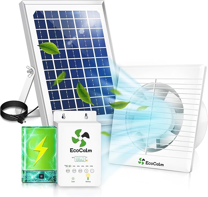 Solar Fan for Chicken Coop with Battery and Adjustable Thermostat, Solar Powered Fan with 12W Bifacial Solar Panel & 4" Exhaust Fan Accessories with Anti-backflow Valve