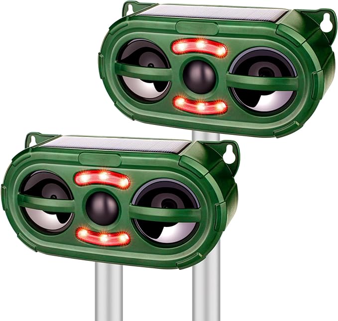 Animal Repellent Outdoor,Solar Pest Animal Repellent Outdoor,Squirrel Repellent,Racoon Repeller,Effective Deer Repellent Devices with Motion Sensor & Flashing Light for Yard Garden(2 Pcs)