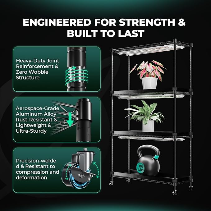 MARS HYDRO 2025 Plant Stand with Grow Lights,4-Tier Plant Shelf with 6 Full Spectrum LED Lamps (150W, 3ft) & Grow Tent | for Vegetables, Seedlings, Plant Growth | 5000K, 37×14×59''