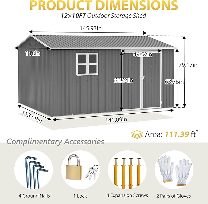 12x10 FT Outdoor Storage Shed with Floor Frame & Window, Heavy Duty Metal Garden Tool Shed with Double Lockable Doors, Waterproof Backyard Utility Shed for Bikes, Lawn Mowers, Tools, Equipment