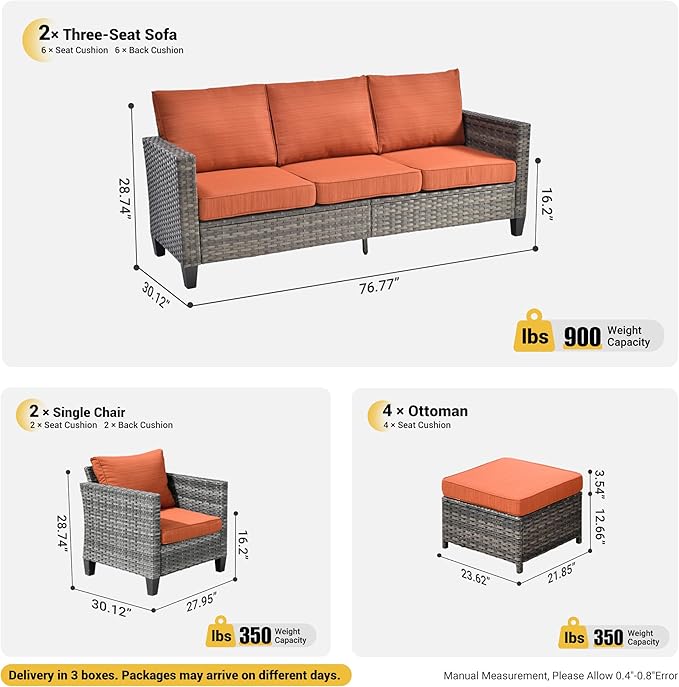 ovios Patio Furniture Set, 8 Pieces Outdoor Wicker Sofa Couch with Chairs, Ottomans and Comfy Cushions, All Weather High Back Rattan Conversation Set, Orange Red