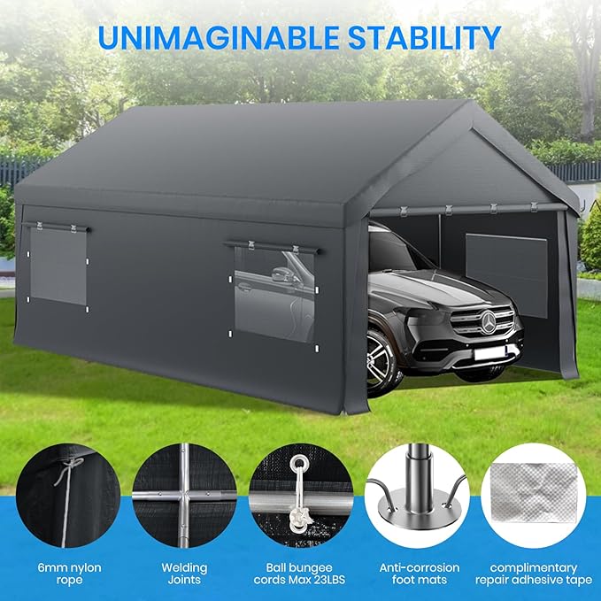 Carport 10x20 FT Heavy Duty,Outdoor Portable Garage with Removable Sidewalls & Doors, Waterproof, UV-Resistant Canopy Shelter for Vehicles, Boats, RVs, Trucks, All-Season Car Port, Gray