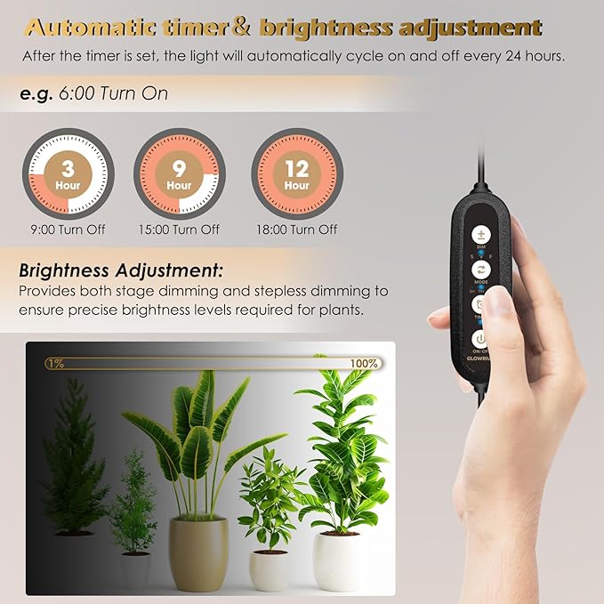 Grow Light with Auto-Timer, Hanging and Standing Grow Lights for Indoor Plants,3 Light Modes, Detachable Full Spectrum Plant Lights for Wide Area Coverage in Indoor Plants (15 in)