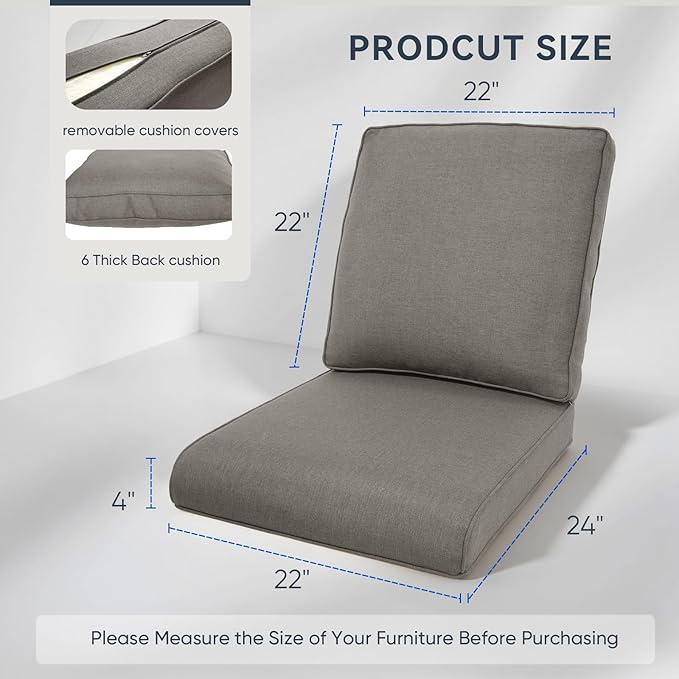9-Piece Outdoor Patio Cushion Set - Fade & Water Resistant with Removable Olefin Cover, 22x24x4 Inch Memory Foam Cushions for Wicker Sectional Sofa – Grey/Regular