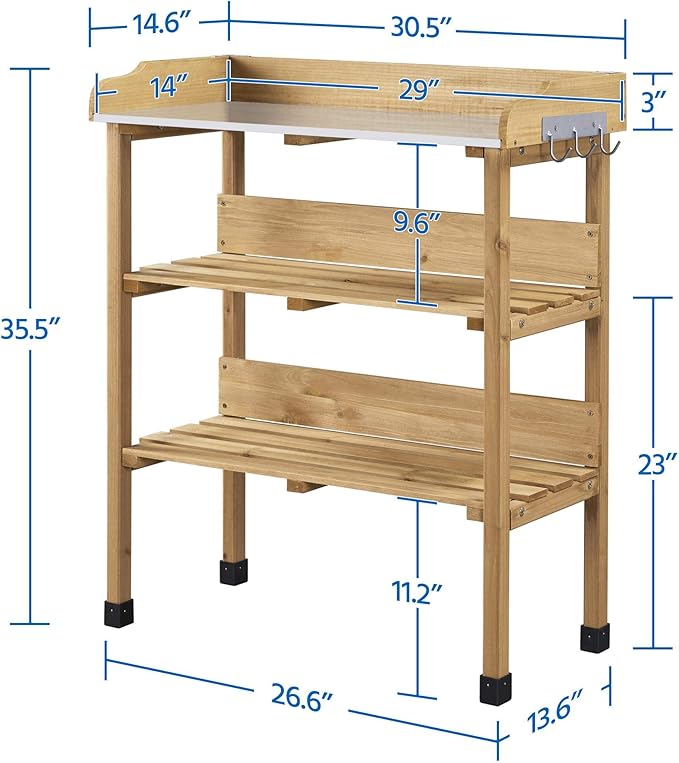 Yaheetech Outdoor Garden Potting Bench Table Wooden Horticulture Planting Worstation w/Metal Tabletop/Storage Shelf/3 Hooks, Natural Wood