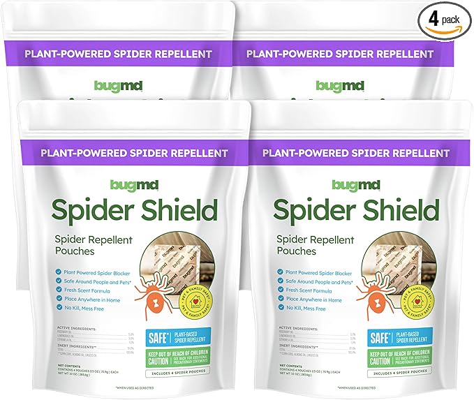 BugMD Spider Shield Repellent Pouches (4 Pack, 16 Pouches) Plant-Based Indoor & Outdoor Spider Repellent | Safe for Pets & Family | Natural Citronella, Rosemary & Lemongrass Oils
