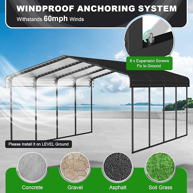 10x15 FT Metal Carport, Heavy Duty Car Port with Galvanized Metal Roof, Outdoor Garage Car Shelter Shade for Car, Boats and Truck (Dark Gray)