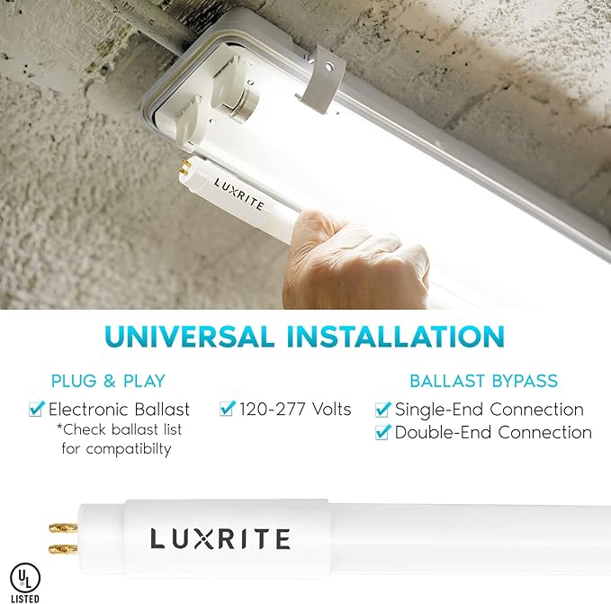 LUXRITE 12-Pack 4FT T5 LED Tube Lights, Type A+B, 24W=54W, 3500K Natural White, 45.78", Ballast and Ballast Bypass Compatible, Single or Double End Powered, F54T5 Fluorescent Replacement, Damp Rated