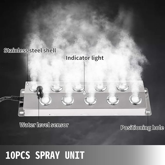 Vevor Happybuy Maker 10 Head Waterproof Power Supply Stainless Steel Mister Fogger 5kg/h Ultrasonic Mist Humidifier for Gardening and Pond, 10H, Silver