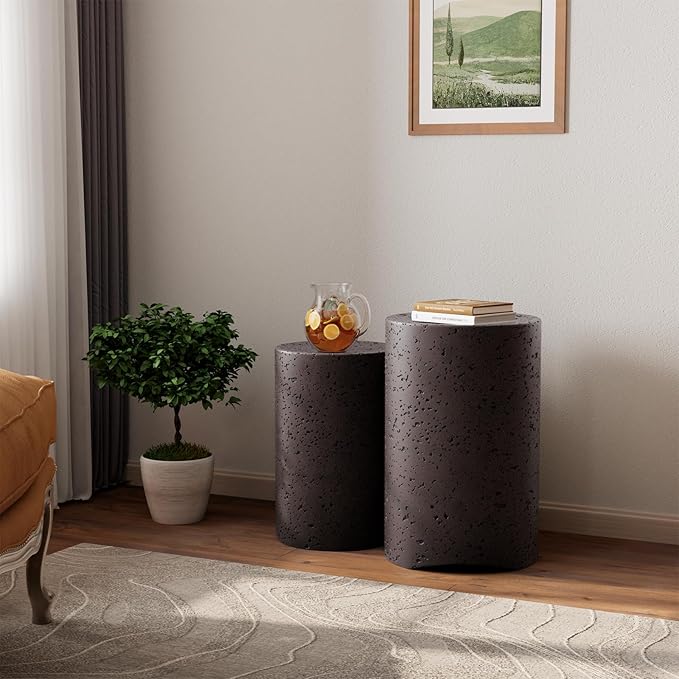COSIEST Concrete Side Table, Set of 2 Round Outdoor Side Tables, Decorative Garden Stools for Indoor Outdoor, Accent Table Patio Side Table End Table w Spotted, Nesting, Brown