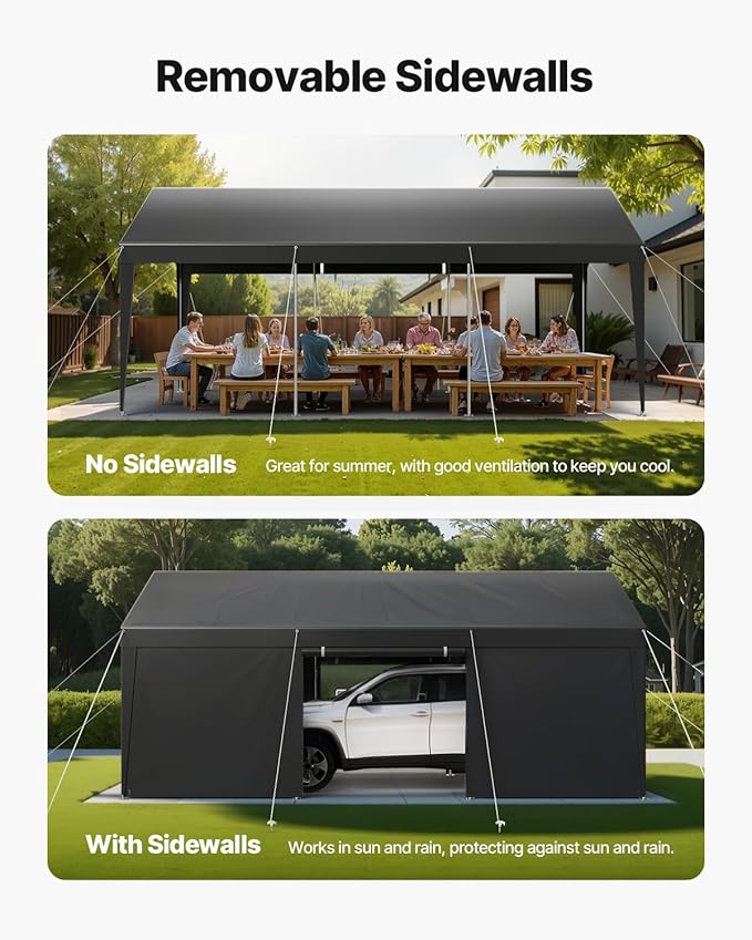 VEVOR Upgraded 10x20 FT Heavy Duty Carport Canopy with Roll-up Windows, All-Season Portable Garage with Removable Sidewalls & Doors, 12 Stakes & 12 Ropes, Car Tent for Car, Truck, Boat, Equipment