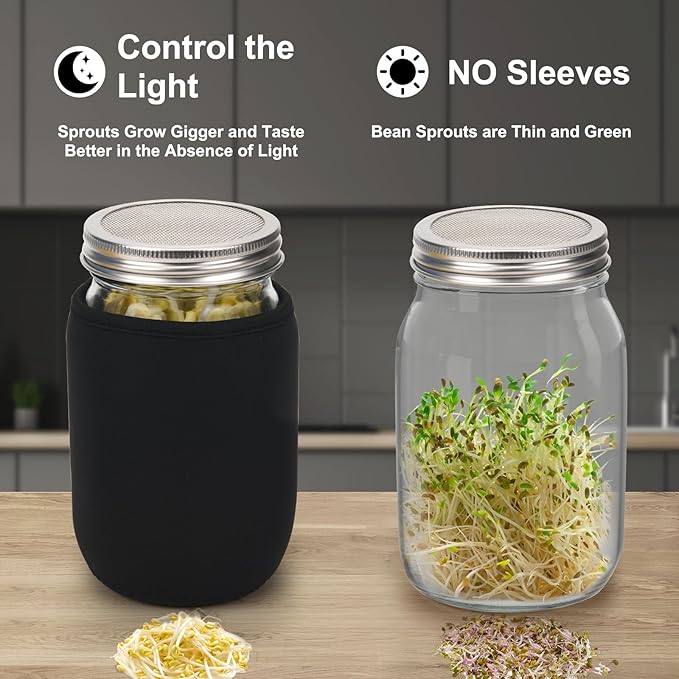 Lulonpon Sprouting Kit, 2 Sprouting Jar Kits, Wide Mouth Quart Mason Jars with Stainless Steel Screen Sprout Lids,1000ml, Stand and Canning Brush,Seed Sprouter Set for Growing Broccoli, Alfalfa