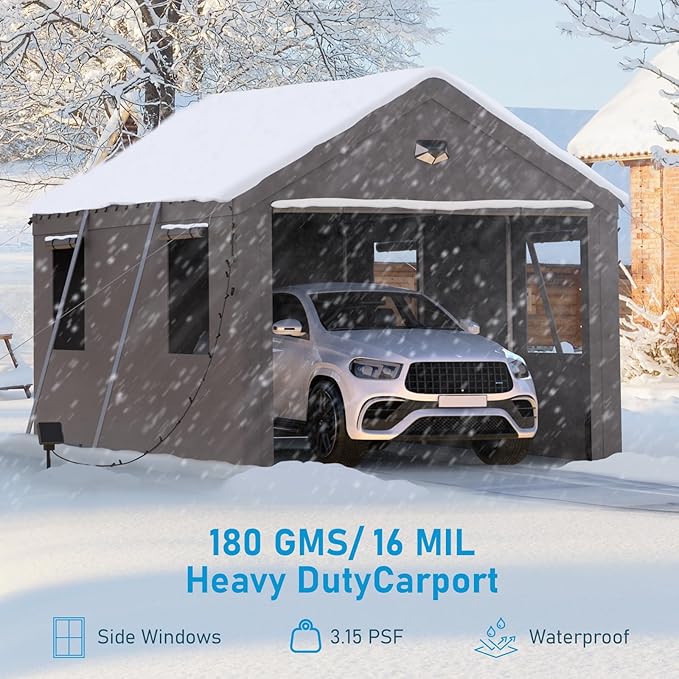 10x16 Carport Canopy, Heavy Duty Car Port, Portable Car Ports Garage with 2 Roll-Up Zipper Drive Through Doors, Grey