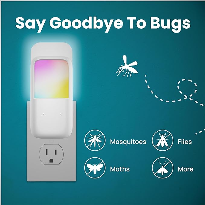 Plug-in Fly Trap & Nightlight - Indoor Insect Catcher for Mosquitoes, Gnats, Fruit Flies with RGB Night Lamp for Home, Kitchen, Office (White, 1 Bug Light Device with 5 Sticky Pads)