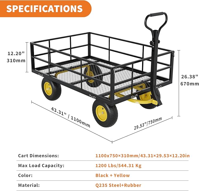 3-in-1 Heavy-Duty Steel Garden Cart, 1200 Lbs Garden Wagon, with 13 Inch All-Terrain Tires and Removable Mesh Side Panels, 180° Rotating Handle, Metal Multi-Function Carts, Outdoor Gardens Wagon Cart