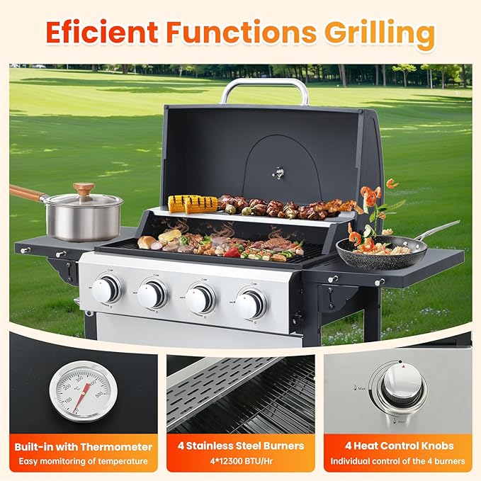4-Burner Propane Gas BBQ Grill with Porcelain-Enameled Cast Iron Grates, Baking Sheet, 2 Foldable Side Table, 49,200 BTU Stainless Steel Grill for Outdoor Camping Barbecue Grilling Backyard Cooking