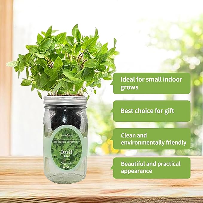 Hydroponic Herb Growing Kit, Self-Watering Mason Jar Herb Garden Starter Kit Indoor, Windowsill Herbs Garden, Grow Your Own Herbs from Organic Seeds (Thai Basil)