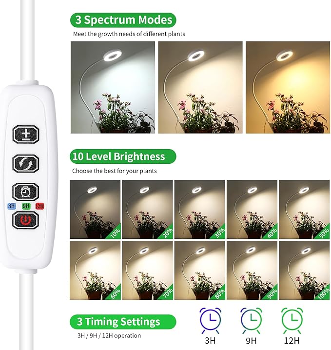 Halo Ring Grow Lights Pot Clip for Small Indoor Plants, 48LEDs Full Spectrum Plant Light with 360 Degree Gooseneck, 10 Dimmable, 3/9/12H Timer, 3000K+6000K, 2.54 Inch Angel Ring 1 Pack (White)