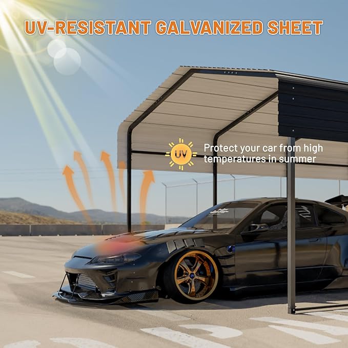 Metal Carport 10 * 15 FT Heavy Duty Carport Canopy with Galvanized Steel Roof Multi-Use Shelter Outdoor Portable Garage for Car, Boat, Pickup and Tractor