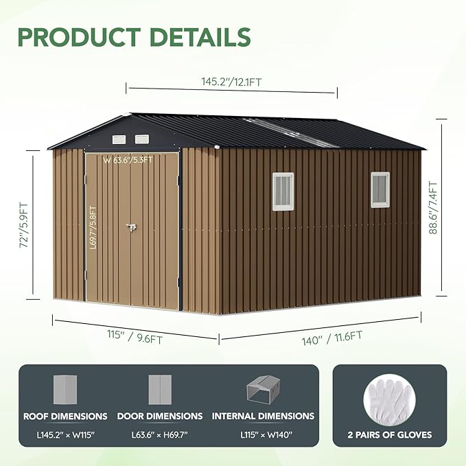 10X12X7.5 FT Outdoor Steel Storage Shed with Lockable Doors, 2 Windows, Transparent Roof Panels (Wood Panels & Frame Floor Not Included), Ideal for Patio Storage,Garbage Can, Chicken Coop,Brown