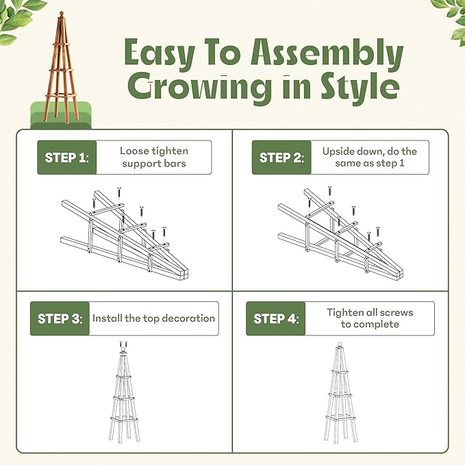 Idzo 61-Inch Wood Obelisk Trellis for Climbing Plants, Outdoor & Indoor Garden Decor, Light Brown, Durable, Space-Saving, Easy Assembly, Ideal for Patio & Yard β Upgraded 2025