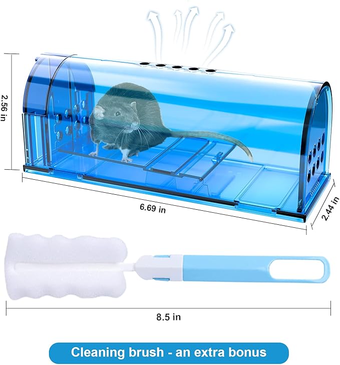4 Pack Humane Mouse Traps No Kill, Catch and Release Live Mouse Trap Indoor for Home, Reusable Mice Trap Cage with Cleaning Brush(Blue)