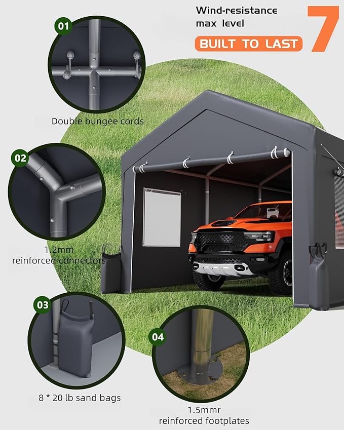12' x 20' Ft Heavy-Duty Carport, Portable Garage, 180g PE Waterproof Canopy and 8 x 1.0 mm Poles for Full-Size Pickup Trucks, Boats, and SUVs - Gray