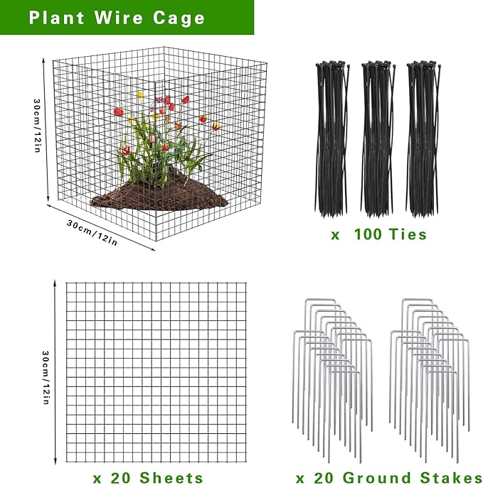 5 Pack Wire Plant Protectors Square Wire Plant Cages Mesh Plant Cage Chicken Wire Cloche with 20 Ground Stakes and 100 Nylon Ties Protect Plants, Garden,Shrubs and Vegetables from Animals, 12x12 inch