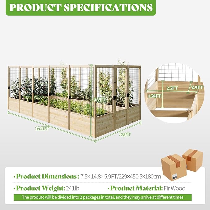 PaPaJet Wooden Raised Garden Bed for Outdoor, Eleven Grid Deep Large Planter Box with Netting for Gardening, Vegetables, Flowers, Herbs(7.5× 14.8× 5.9FT)