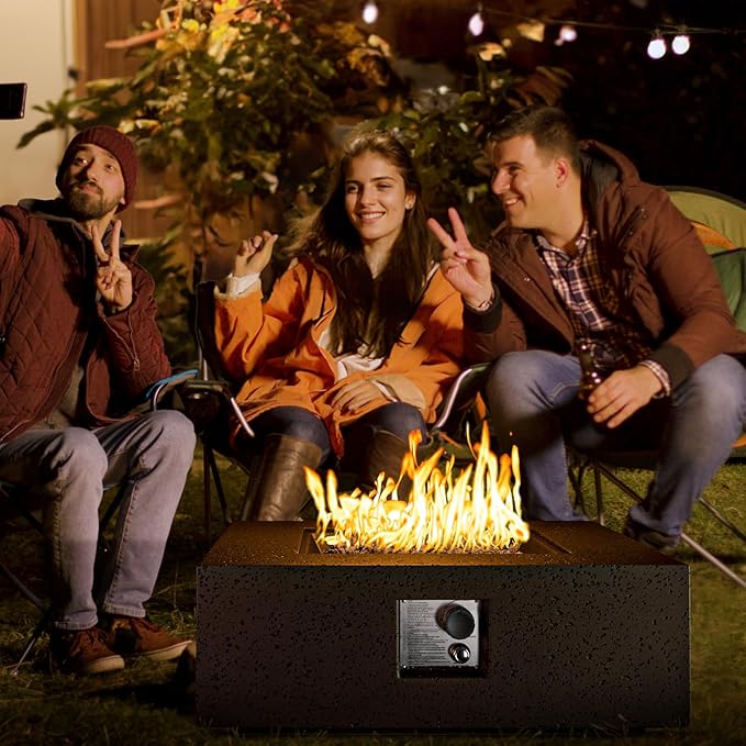 COSIEST Outdoor Propane Fire Pit Coffee Table w Square Faux Stone 35-inch Base, CSA Certified, 50,000 BTU Stainless Steel Burner, Free Lava Rocks and Rain Cover,Tank Cover, Stone Bronze