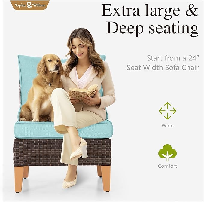 Sophia & William Patio Furniture Set with Fire Pit Table, 8 Piece Outdoor Wicker Furniture Sectional Sofa, Large Patio Rattan Conversation Set with Ottoman & 45" Fire Pit Table(Aqua Blue)