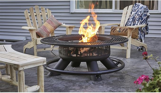 CASTLECREEK 47" Fire Pit BBQ Grill Outdoor Wood Burning Steel Log Firepit for Camping, Grilling, Smores, Yard, Cooking Outside, Barbecue, Bonfire Geometric