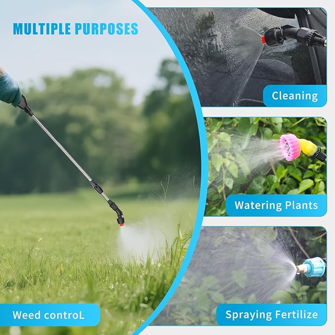 2 Gallon Battery Powered Sprayer, Electric Garden Sprayer, Pump Sprayer with 3 Mist Nozzles & USB Rechargeable Handle & Retractable Wand & Adjustable Strap for Lawn, Garden, Yard (Blue)