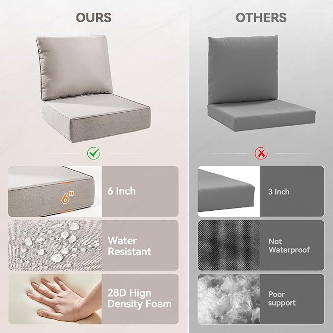 Luxury 6" Outdoor Cushions for Patio Furniture, 24x24x6 Thick Seat Cushion Set of 3, Fade Resistant Couch Chair Replacement Cushions High Density Deep Wicker Chair Cushion w/Removable Cover, Beige
