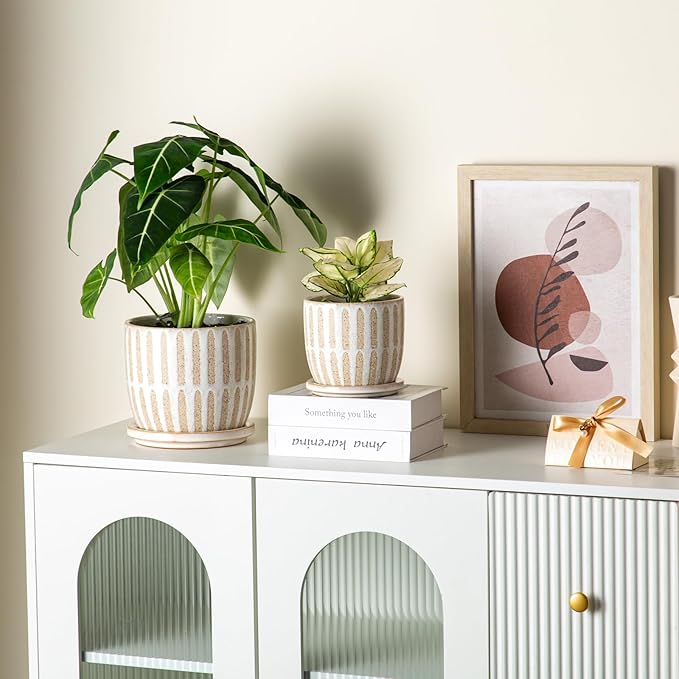 Ceramic Flower Pots Indoor-Outdoor: 5.75 Inch Planters with Drainage Holes & Saucer - Modern Decorative Plant Pots Ceramic for Home Gardeners (Striped)