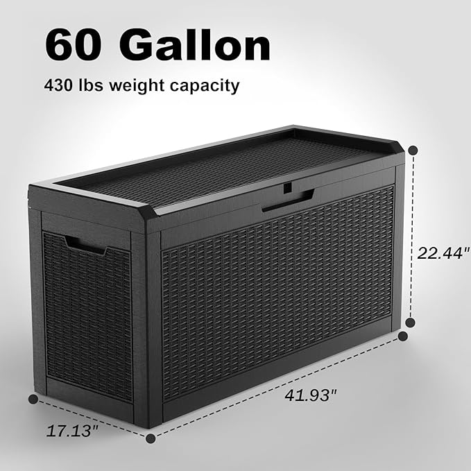 ROJIK Outdoor Storage Housing Deck Box,Waterproof Patio Furniture, Garden Tools, Cushions, Pool Accessories Storage Bench with Lockable Lid and Side Handles (Black,60 Gallon)