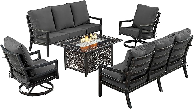 Oakland Living Black Aluminum Patio Fire Table Set with Two Deep Seating Sofa with Cushions and Two Club Chairs with Black Cushions