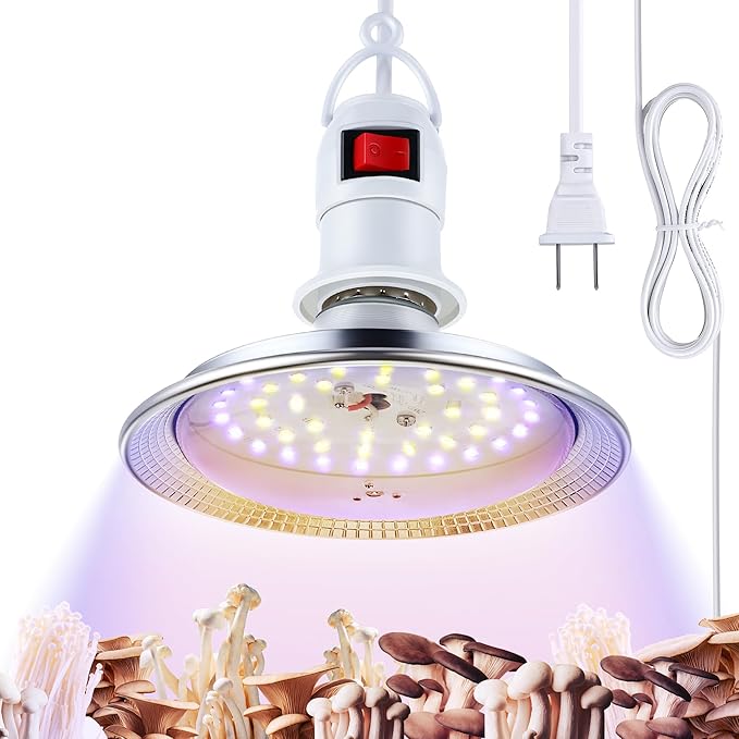 Meonum 1 Pack LED Growing Lights for Mushroom Unique Spectrum Mushroom Growing Lamp with 4.9 ft Extension Cord Hanging Light Bulbs with White Blue LEDs for Indoor Plants