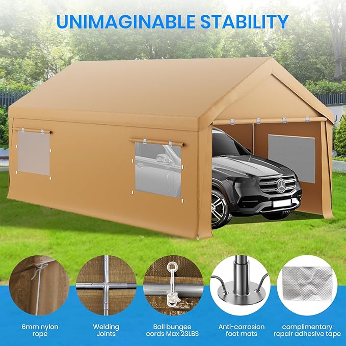 Carport 10x20 FT Heavy Duty, Outdoor Portable Garage with Removable Sidewalls & Doors, Waterproof, UV-Resistant Canopy Shelter for Vehicles, Boats, RVs, Trucks, All-Season Car Port,Yellow